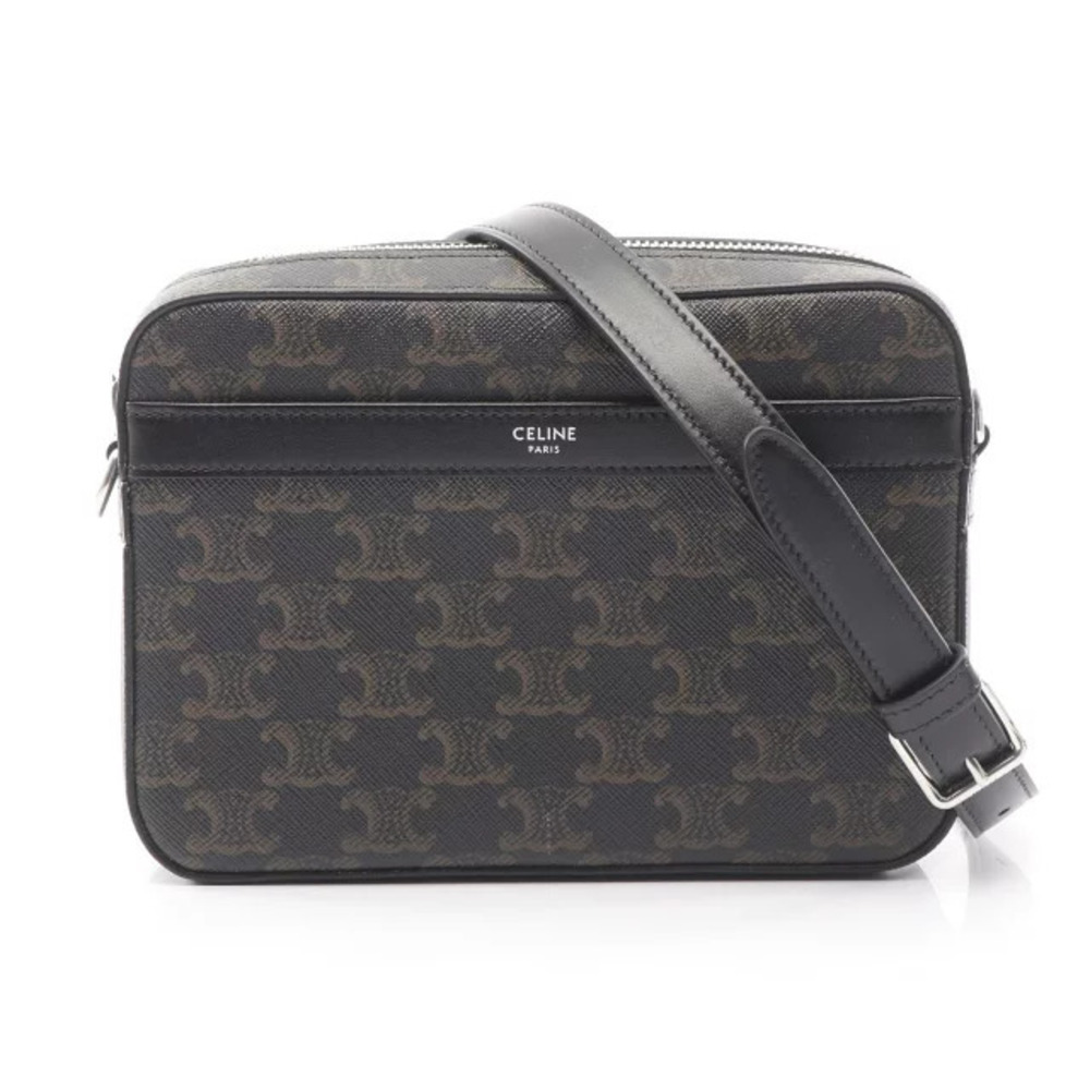 Celine Messenger Triomphe Shoulder Bag Canvas Leather Black Brown